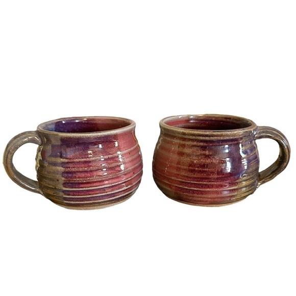 Studio Art Pottery Mugs Pair 2 Colorful Glaze Artist Signed Purple Red - Picture 7 of 7